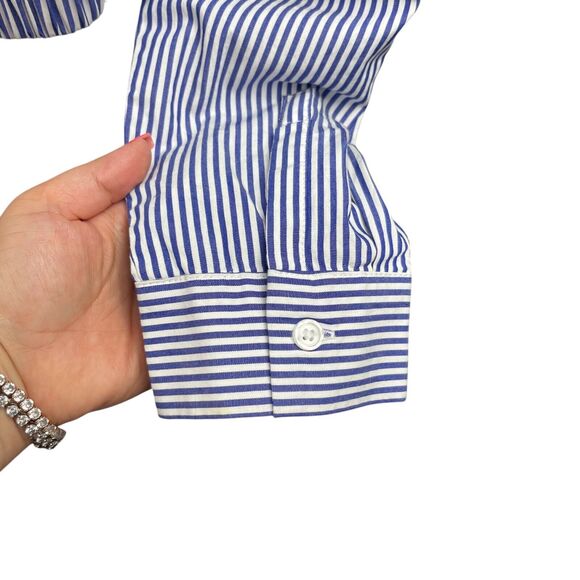 Seersucker Cropped Shirt Sz XL Blue Striped Summer Beach Front Twist Office - Picture 7 of 9